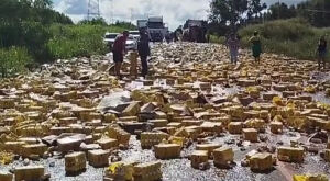 Carreta tomba e carga de cerveja fica espalhada pela pista em MS