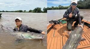 Adolescente pesca pela primeira vez pintado de 1,60 metro e 40 kg em rio de MS