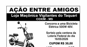 Loja Ma&ccedil;&ocirc;nica Vigilantes do Taquari de Coxim divulga ganhador de bicicleta el&eacute;trica em a&ccedil;&atilde;o beneficente
