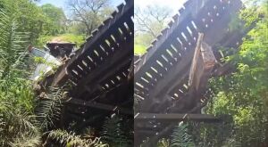 Ponte de madeira desaba durante passagem de caminh&atilde;o com gado em &aacute;rea rural de MS