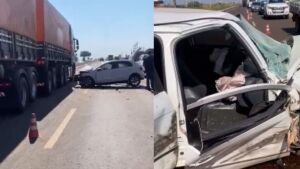 Condutora de 70 anos dorme ao volante e colide em caminhão estacionado na BR-060