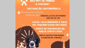 Neste sábado em Coxim haverá vacinação antirrábica na Vila Mariana e Vale do Taquari, para os demais bairros a vacinação será no dia 23