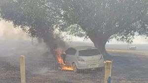 Motoristas se arriscam na BR-163 em meio a fumaça de grande incêndio em canavial da usina Sonora 
