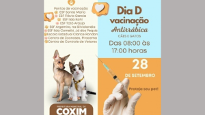 Coxim realiza no sábado (28) o Dia D para vacinação de cães e gatos