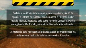 Estrada da Taboca em Coxim estará interditada nesta sexta-feira
