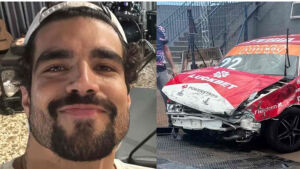 Caio Castro sofre acidente em treino de automobilismo e carro fica destruído