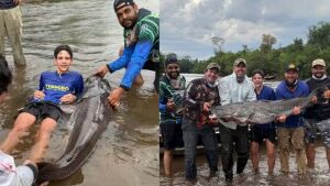 História de pescador? Adolescente fisga peixe maior que o próprio tamanho durante pescaria em MS