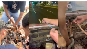 Capô levantado e teto cortado: adolescentes andam com carro aos pedaços em MS