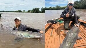 Adolescente pesca pela primeira vez pintado de 1,60 metro e 40 kg em rio de MS