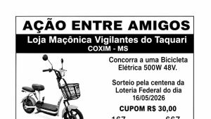 Loja Maçônica Vigilantes do Taquari de Coxim divulga ganhador de bicicleta elétrica em ação beneficente