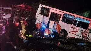 Em São Gabriel do Oeste, ônibus é lançado para fora da BR-163 ao bater com carreta-cegonha