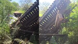Ponte de madeira desaba durante passagem de caminhão com gado em área rural de MS