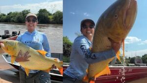 'ACHEI A BARRA DE OURO': empresária coxinense fisga peixe dourado gigante de 18 kg em rio de Mato Grosso do Sul