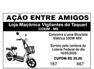 Loja Ma&ccedil;&ocirc;nica Vigilantes do Taquari de Coxim divulga ganhador de bicicleta el&eacute;trica em a&ccedil;&atilde;o beneficente