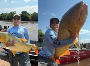 'ACHEI A BARRA DE OURO': empres&aacute;ria coxinense fisga peixe dourado gigante de 18 kg em rio de Mato Grosso do Sul