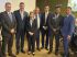 Autoridades sul-mato-grossenses na convenção nacional do PP; da esqueda para direita presidente da Famasul, Marcelo Bertoni; governador Eduardo Riedel (PP); senadora Tereza Cristina (PP); Marco Aurelio Santullo (PP); secretário estadual de governo, Rodrigo Perez, vereador de Campo Grande Riverton Francisco de Souza, o Professor Riverton (PP), e o presidente da Assembleia, deputado Estadual Gerson Claro (PP). Foto: Divulgação/Assessoria