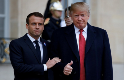 O presidente francês Emmanuel Macron e o presidente americano Donald Trump, em 10 de novembro de 2018, no Palácio do Eliseu