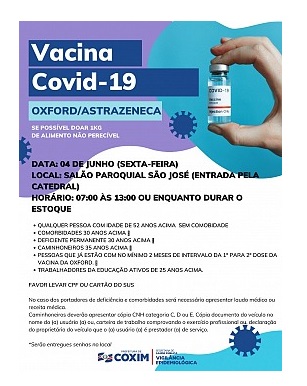 Coxim vacina pessoas a partir dos 52 anos sem comorbidades nesta sexta-feira. 