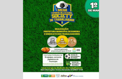 Mega Torneio de Futebol Society do Trabalhador acontece neste domingo (1).