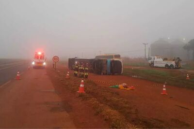 Ônibus parou tombado às margens da rodovia