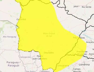 Faixa amarela mostra região de MS em alerta moderado de declínio de temperatura   