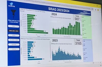 Índice de Srag por semana epidemiológica de 2024 (verde) e de 2023 (azul).