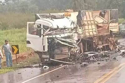 Caminhão ficou destruído após colisão.