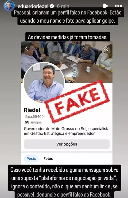 Por meio de story, governador Eduardo Riedel (PSDB) comunica que criminosos criaram perfil falso com seu nome e foto. Imagem: Reprodução/Redes sociais