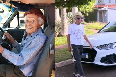 Aos 102 anos, aposentado é o mais antigo motorista de MS. Foto: Rachid Waqued/Detran-MS e TV Morena/Reprodução