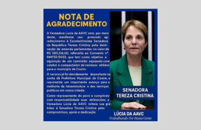 Nota de agradecimento da vereadora Lúcia da AAVC para a senadora Tereza Cristina. Card: Divulgação Assessoria Parlamentar