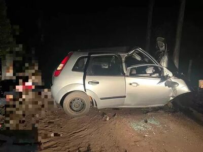 Carro com a frente destruída ao bater em árvore. Foto: Divulgação