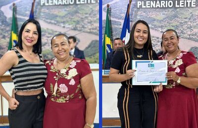 Vereadora Lúcia da AAVC concede Moção de Congratulação a Érica Prado e Mayara Dayane. Foto: Reprodução/Arte: Diário X 