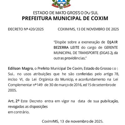Decreto de exoneração de Djair. Foto: Diário Oficial/Reprodução