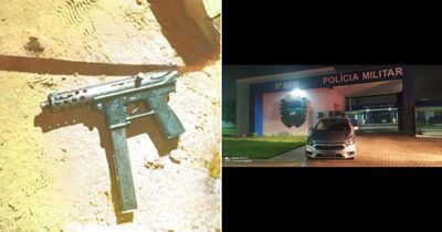 Submetralhadora utilizada pelo autor e o veículo roubado. Arte: Diário X. Fotos: AssCom Social 5&ordm; BPM  