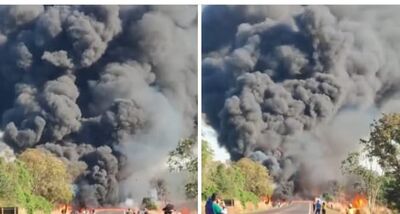 Coluna de fumaça preta cobre trecho na BR-163 em Bandeirantes. Foto: Reprodução vídeo rede social 
