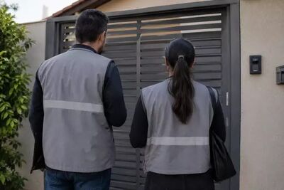 Casal com colete e prancheta em frente ao portão de uma residência. Foto: Imagem gerada por Inteligência Artificial