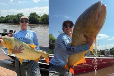 Mayara Teodoro da Silva com o peixe dourado, figado em MS. Foto: Anna Júlia Azambuja