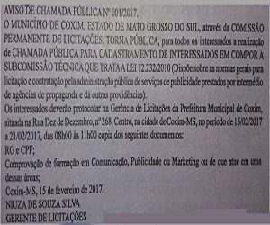 Publicação da Chamada Pública no Diário do Estado MS, dia 16/02/2017.