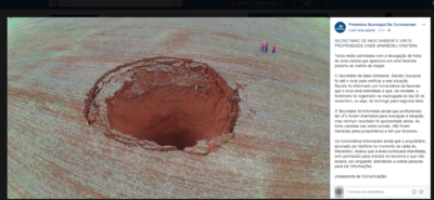 Após cratera aparecer em Coromandel, Prefeitura comentou assunto no Facebook
