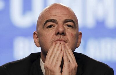 O presidente da Fifa, Gianni Infantino, participa da conferência anual da Conmebol, em abril