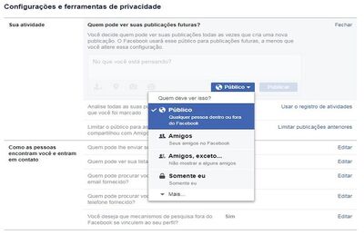 Tela de configuração da privacidade de postagens no Facebook.