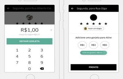 Opções disponíveis para pagamento de gorjetas por meio do aplicativo da Uber