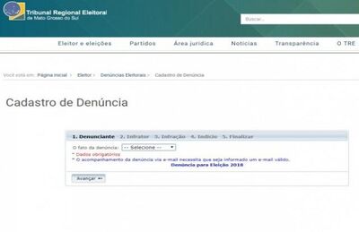 Página para cadastrar denúncias de crimes eleitorais no site do Tribunal Regional Eleitoral de Mato Grosso do Sul