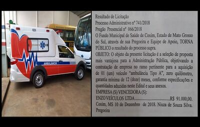 Ambulância adquirida pelo município de Coxim e o resultado do processo licitatório.