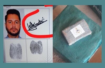 Assinatura de Minotauro, com os três pontinhos usados por maçons, em identidade falsa ao lado de tablete de cocaína