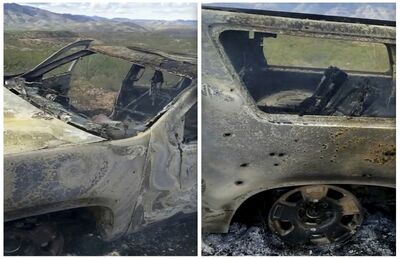 Destroços dos veículos queimados e alvejados por tiros após ação criminosa no México, que deixou nove pessoas mortas na segunda-feira (4)  Foto: Kenny Miller/Courtesy of Alex LeBaron via AP