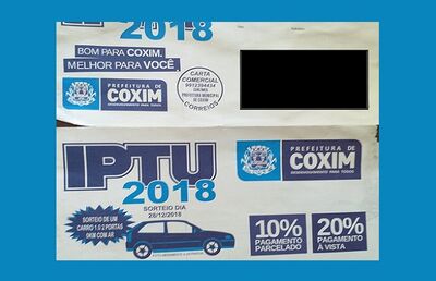 Divulgação da premiação do IPTU 2018 no boleto de pagamento.