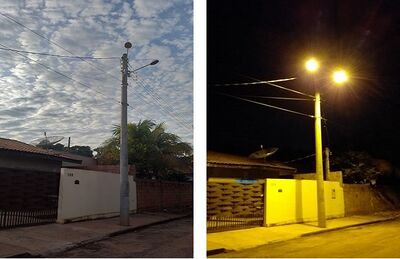 Poste com duas lâmpadas na rua Visconde de Taunay, 100 no bairro Senhor Divino.