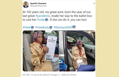 Quentin Youmans publicou no Twitter as fotos da tia, Ora Smith, indo votar em Hampton, na Carolina do Sul. O post foi retuitado pelo ex-presidente Barack Obama
