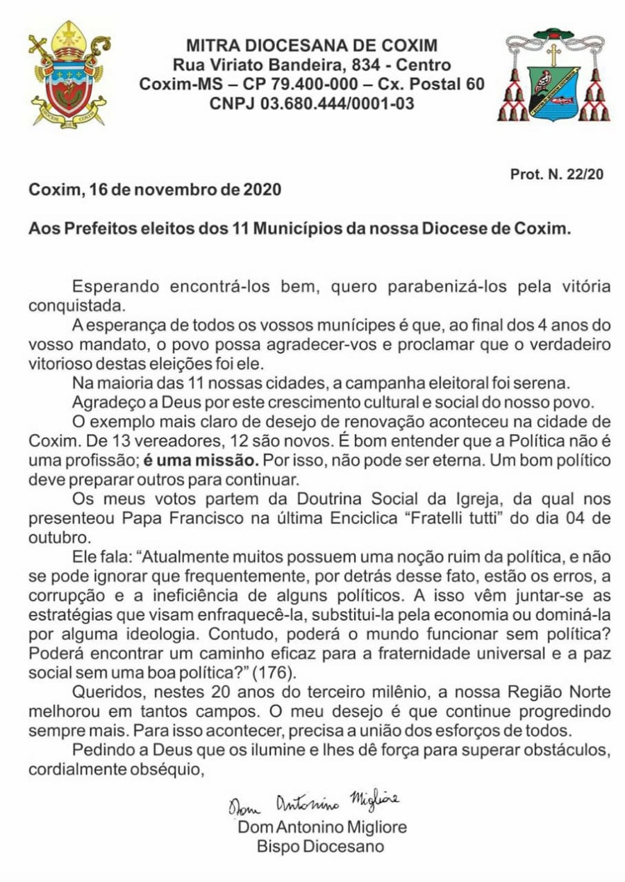 Mensagem do Bispo Dom Antonino Migliore. 